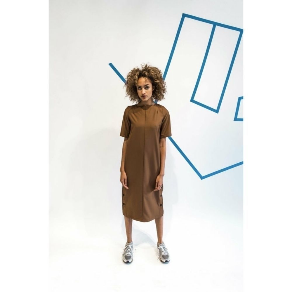 Wolcott : Takemoto HAMLET Midi DRESS - SILTY BROWN sz M - Picture 1 of 11